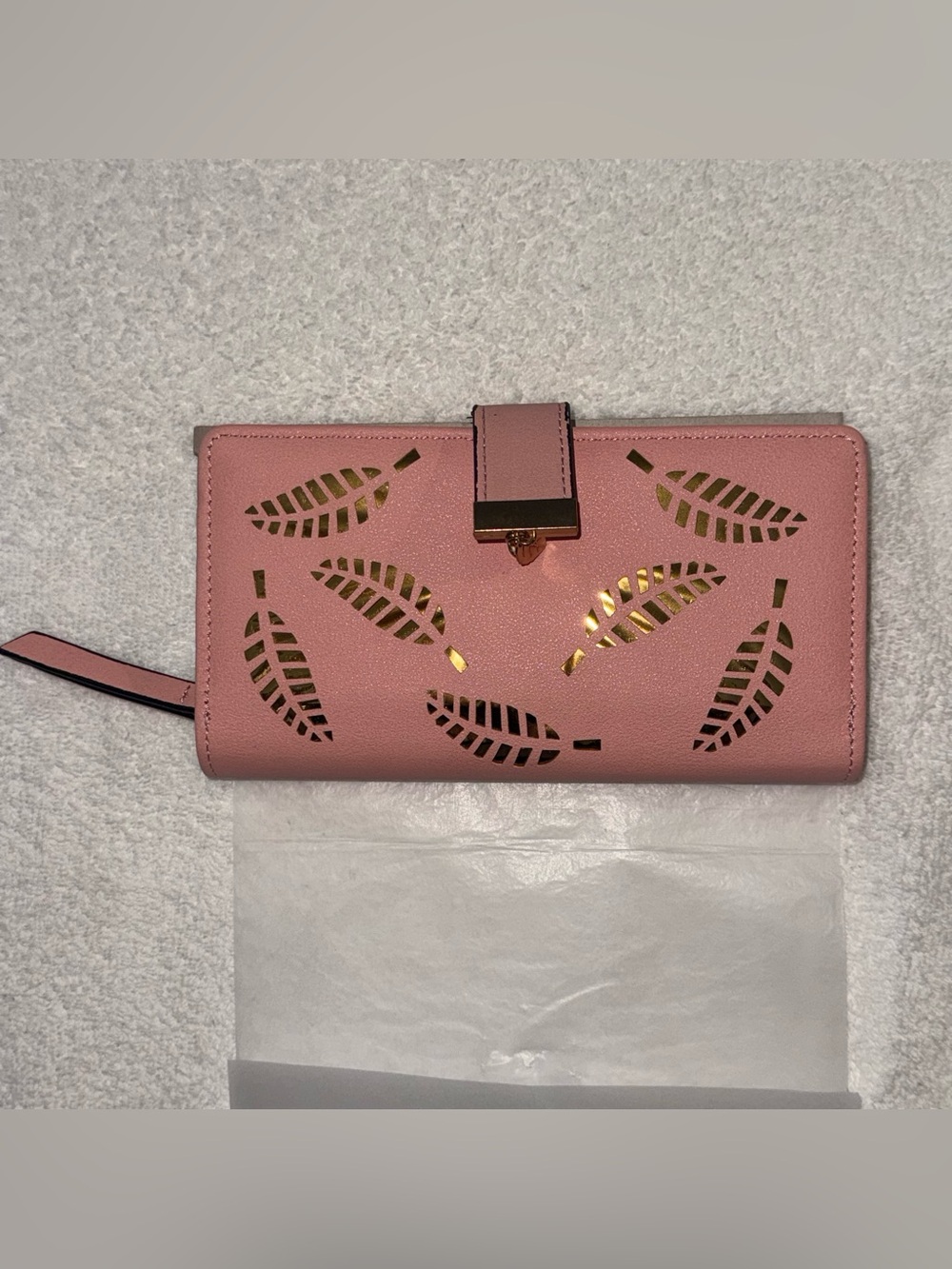 Women's Pink Faux Leather Wallet Gold Leaf Cutout Clutch Long Purse Card Holder - Picture 4 of 6